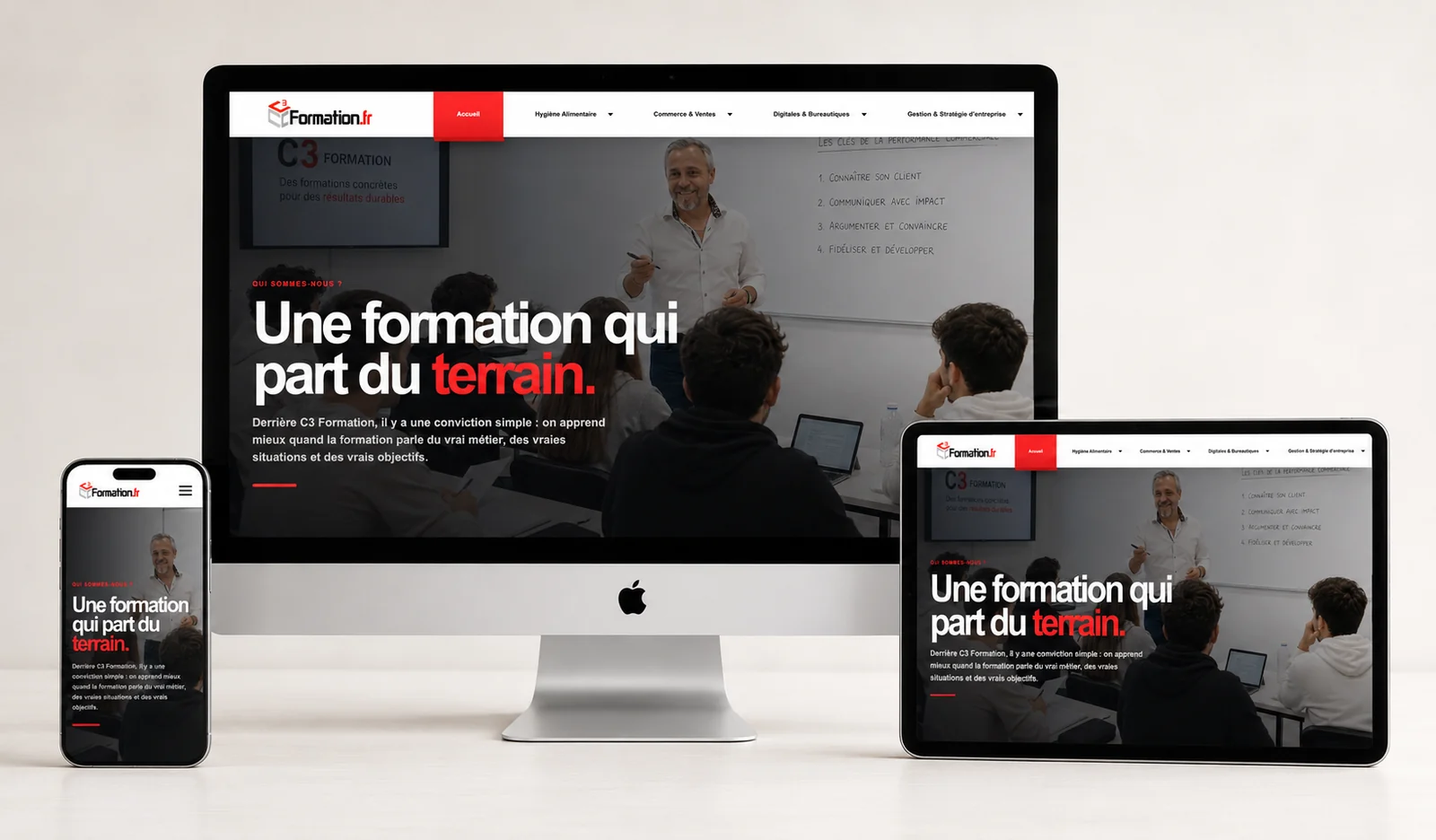 Nouveau site internet de C3 Formation affiché sur Mac, tablette et smartphone