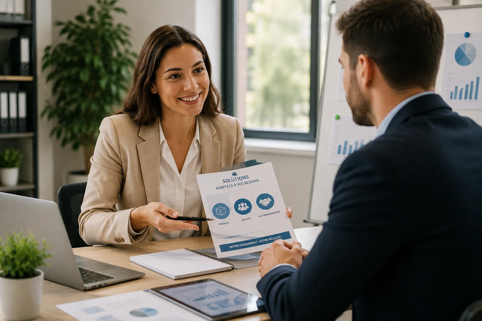 Professionnelle présentant une offre commerciale à un client lors d’un rendez-vous