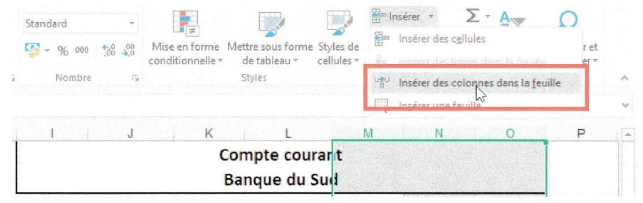 Trois colonnes Excel sélectionnées avec la commande Insérer des colonnes dans la feuille.