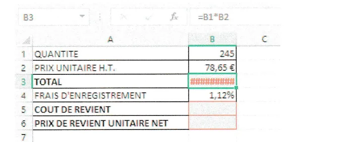 Feuille Excel où la cellule B3 affiche une série de dièses.